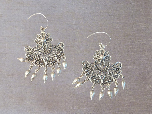 Indian style tassel earrings, silver