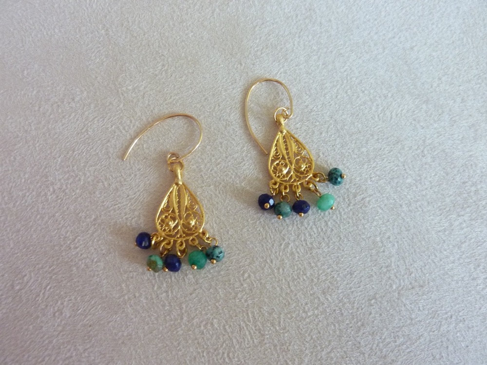 Gold filled hook tassel earrings and gold plated charms