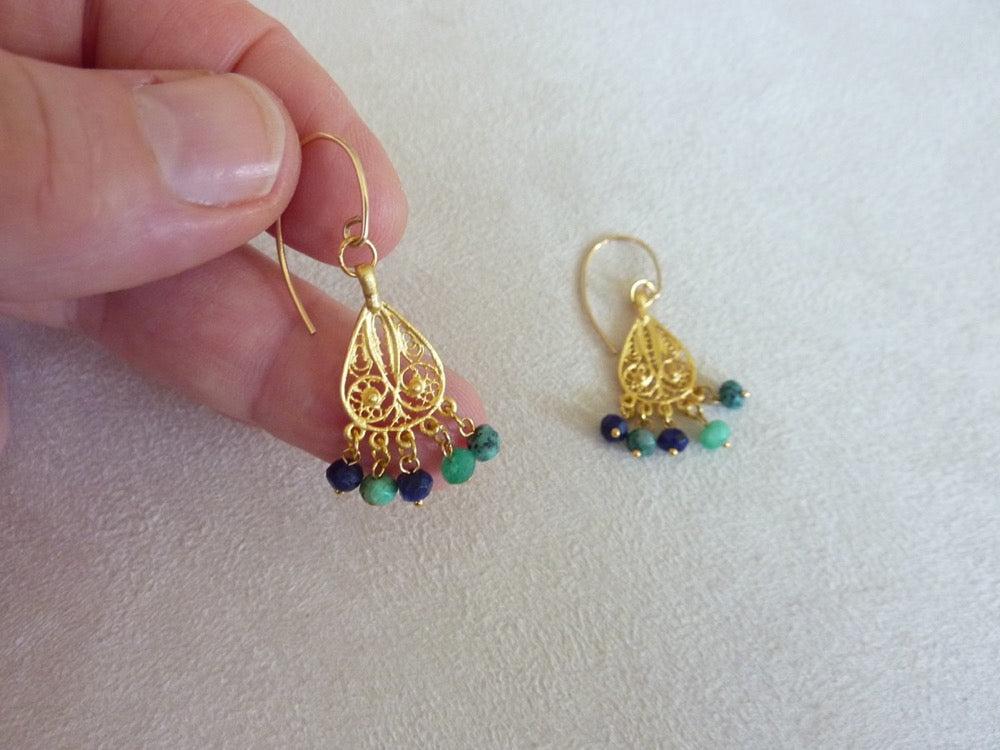 Gold filled hook tassel earrings and gold plated charms