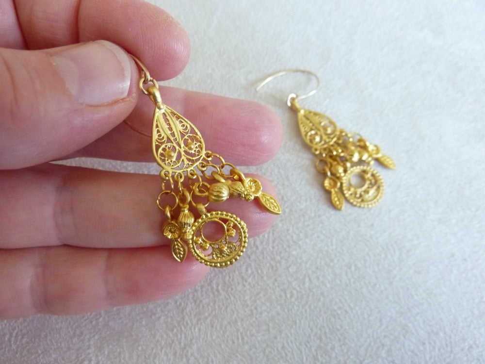 Gold filled hook tassel earrings and gold plated charms