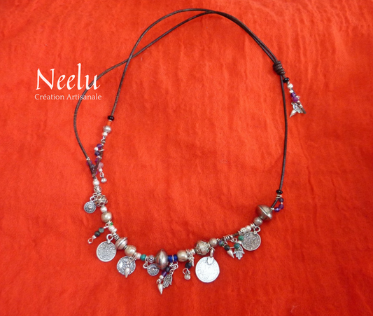 Gypsy-inspired bracelet necklace - silver, ethnic beads, charms and semi-precious stones - unique piece 