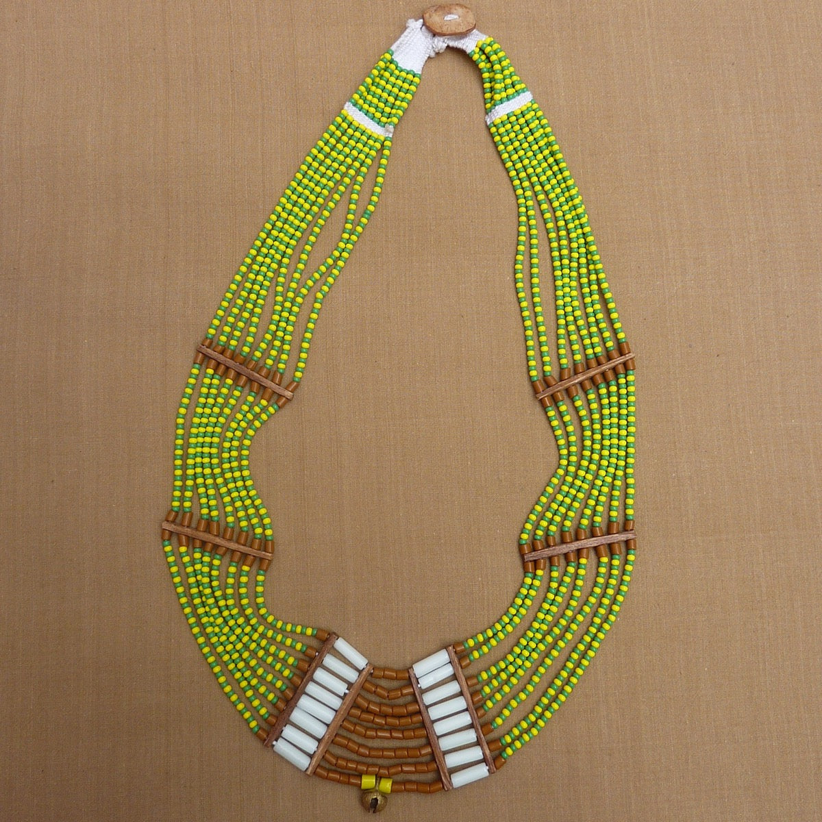 Large ethnic bib necklace, bright green and yellow - unique piece