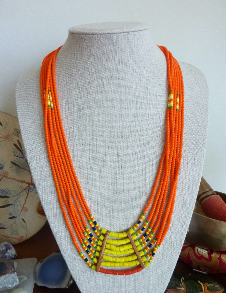 Large bright orange ethnic necklace with bib - rare piece