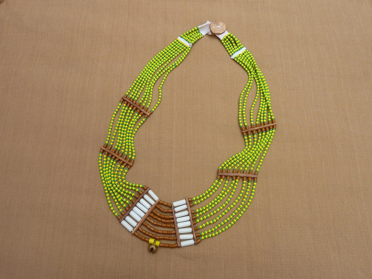 Large ethnic bib necklace, bright green and yellow - unique piece