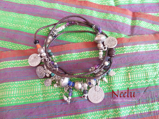 Gypsy-inspired bracelet necklace - silver, ethnic beads, charms and semi-precious stones - unique piece 