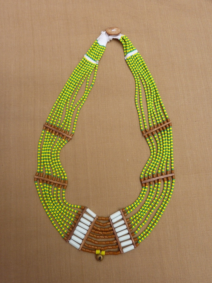 Large ethnic bib necklace, bright green and yellow - unique piece