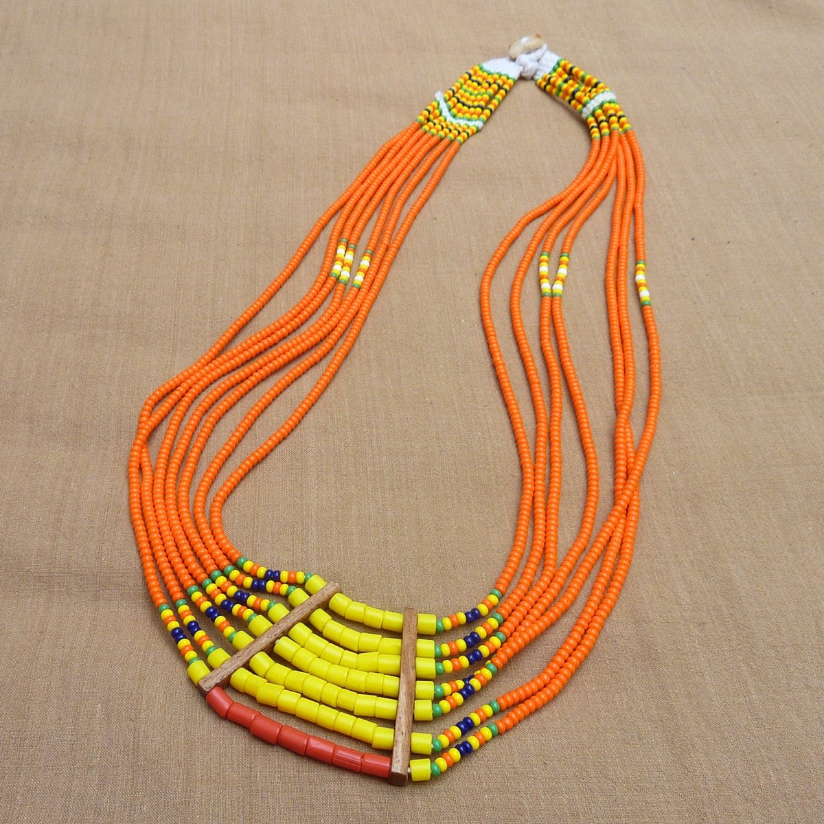 Large bright orange ethnic necklace with bib - rare piece