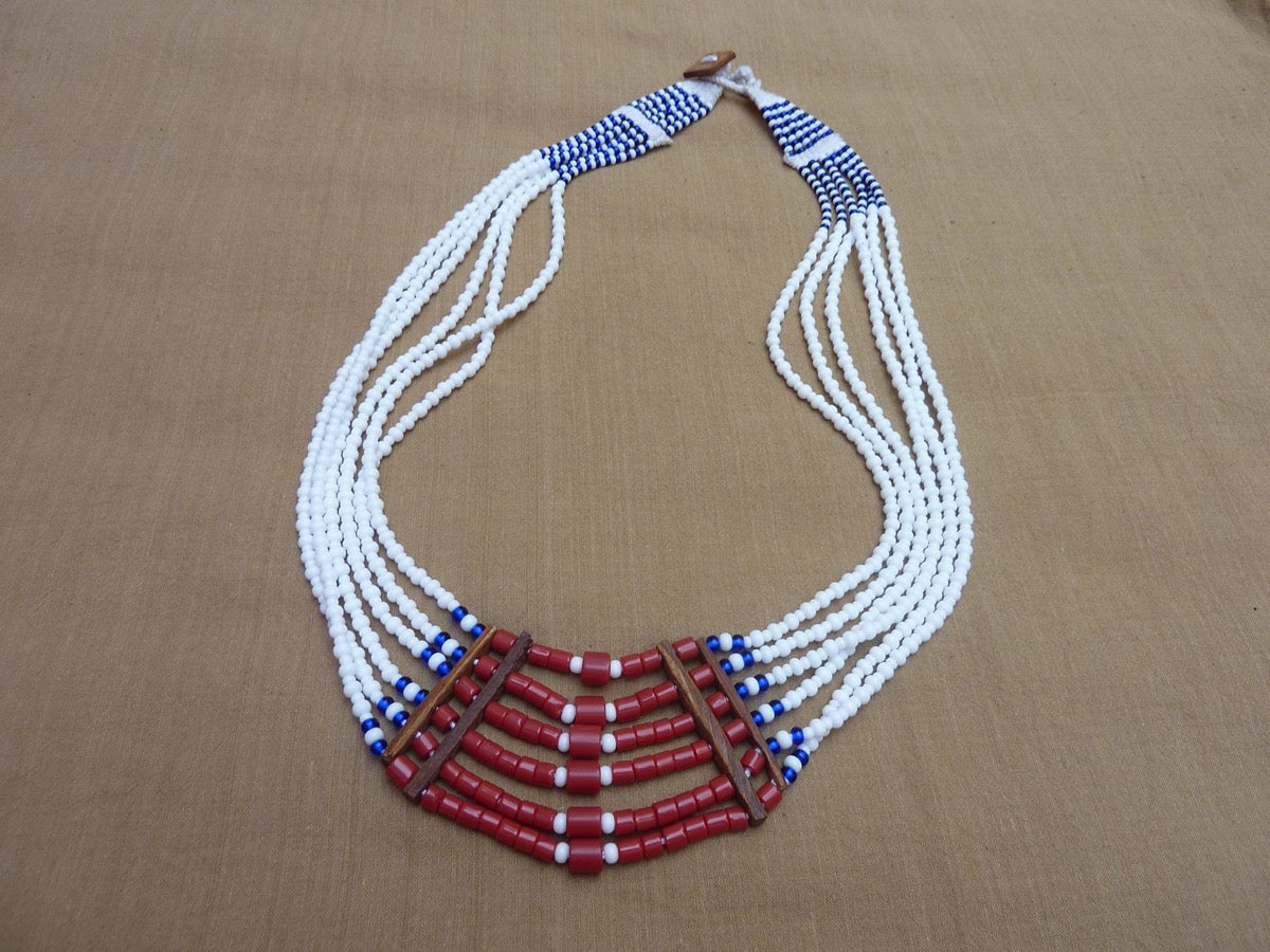 Large ethnic bib necklace, white, coral red and blue - unique piece